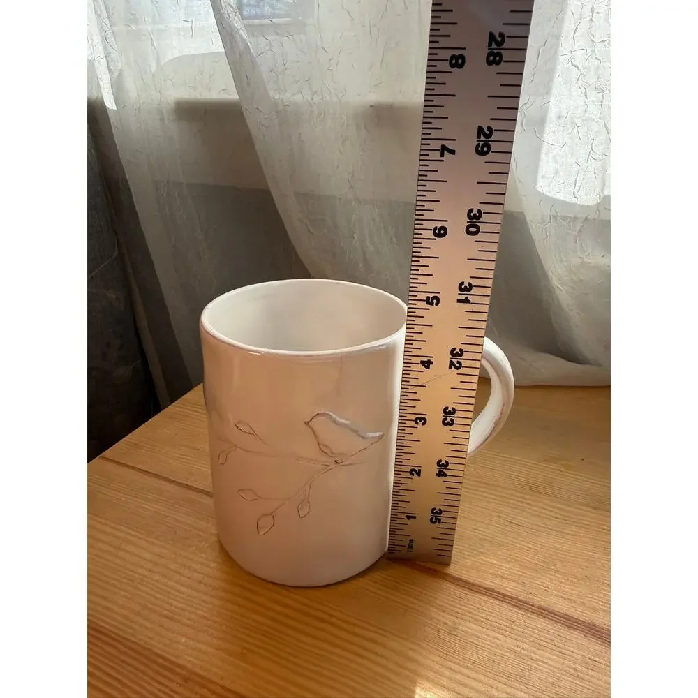 Embossed Bird Mug White Ceramic Farmhouse Cottagecore Coffee Cup